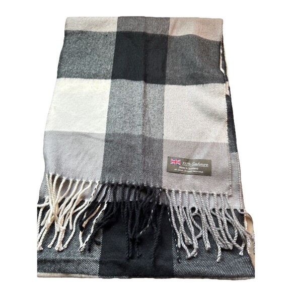 Mens 100% Cashmere Scarf Made In Scotland Black Gray Ivory 12x68” Can Hand Wash - Picture 1 of 4